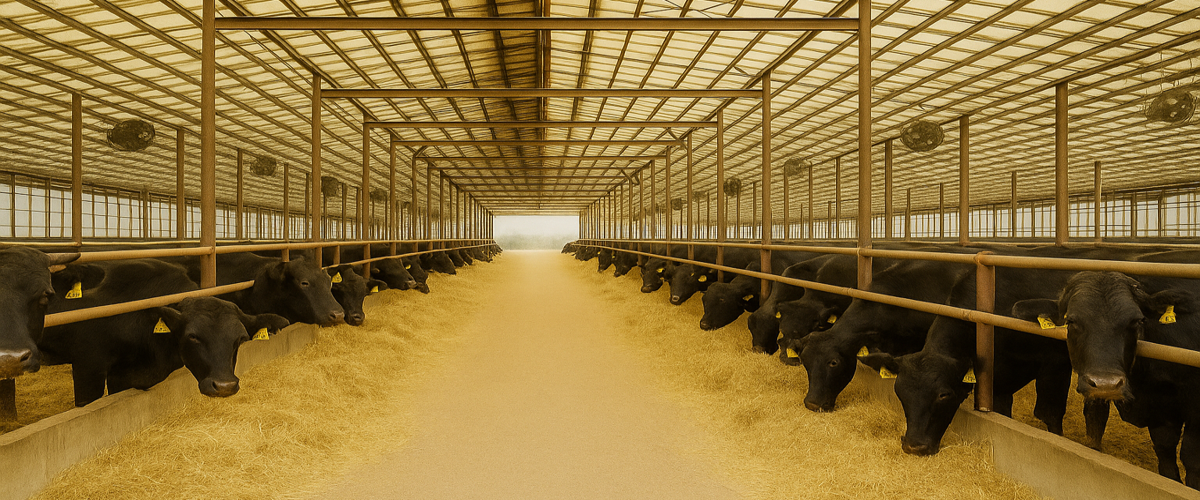 Japanese Black cattle feeding inside a spacious Wagyu barn, lined on both sides of a central walkway.
